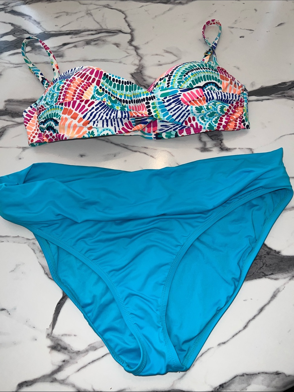 La Blanca Multicolor Printed Bikini Top & Bottom Teal with Gold Accents 12 & 16